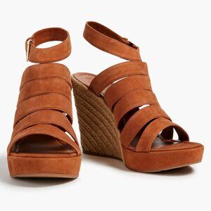 Tory Burch Womens 10.5M Bailey Brown Leather Wedges Espadrilles Sandals Shoes